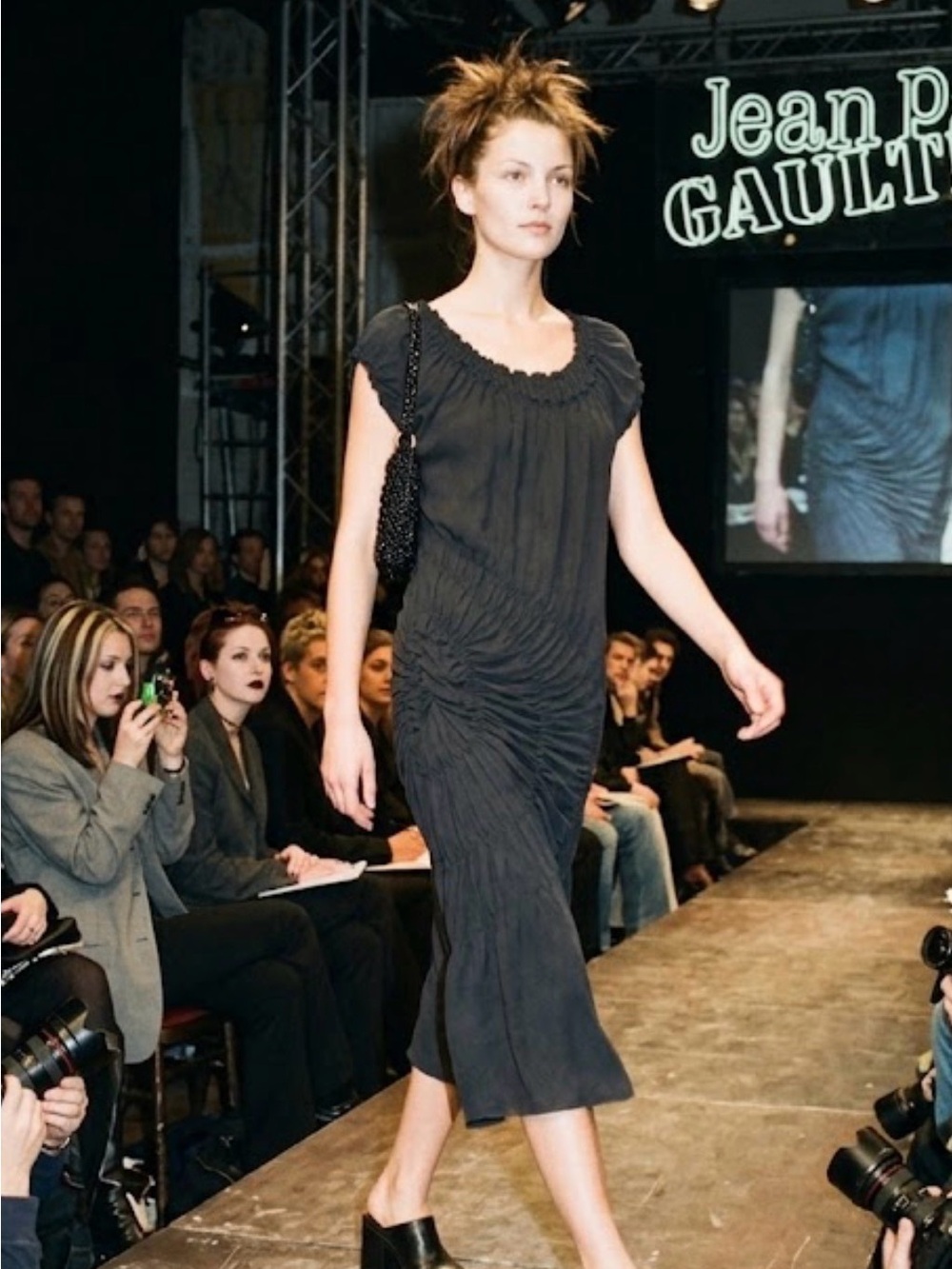 Archival 90’s Jean Paul Gaultier Femme Black Ruched Radial Gathered Midi Dress
